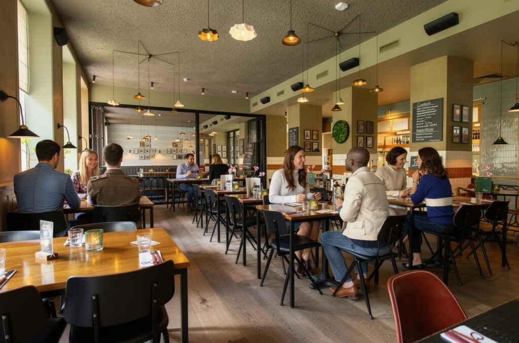 Ruim restaurant van Loetje Leiden met gasten aan houten tafels.