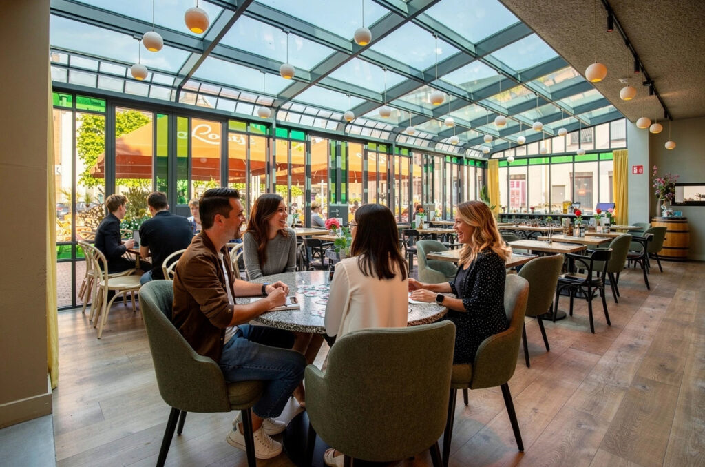 Gasten aan tafel in de lichte serre van Loetje Breukelen met glazen dak.