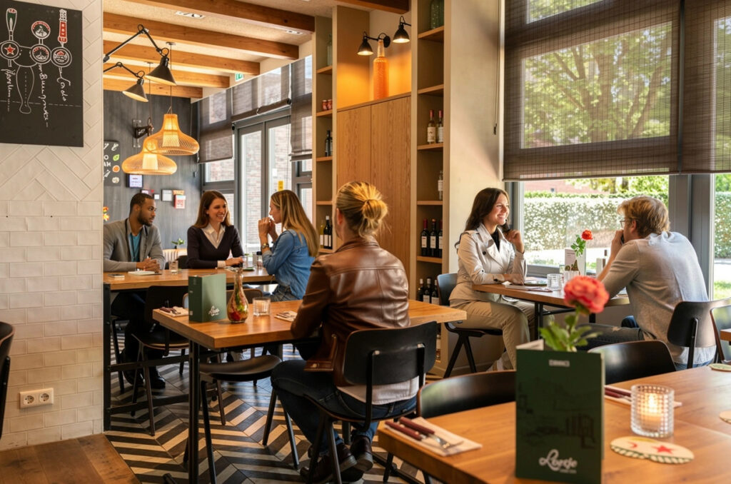 Gasten aan tafel in het interieur van Loetje De Pijp.